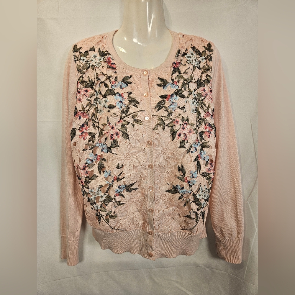 Charter Club Pink Lace Floral Embroidered Button Front Cardigan Sweater Size L